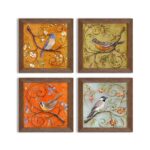 Painting Mantra - Multicolor Jardine Birds Set of 4 Brown Framed Painting,UV Textured Art Prints (10 x 10 inch)