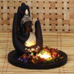 Black and Golden Polyresin Palm Buddha Statue with Wooden Base, Fragranced Petals Tealight Holder (MSGB527W1)