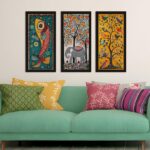 PAPER PLANE DESIGN Madhubani paintings for living room. Set of 3 canvas wrapped framed madhubani art for wall decor. 12 x 24 inch x 3 frames. (B)